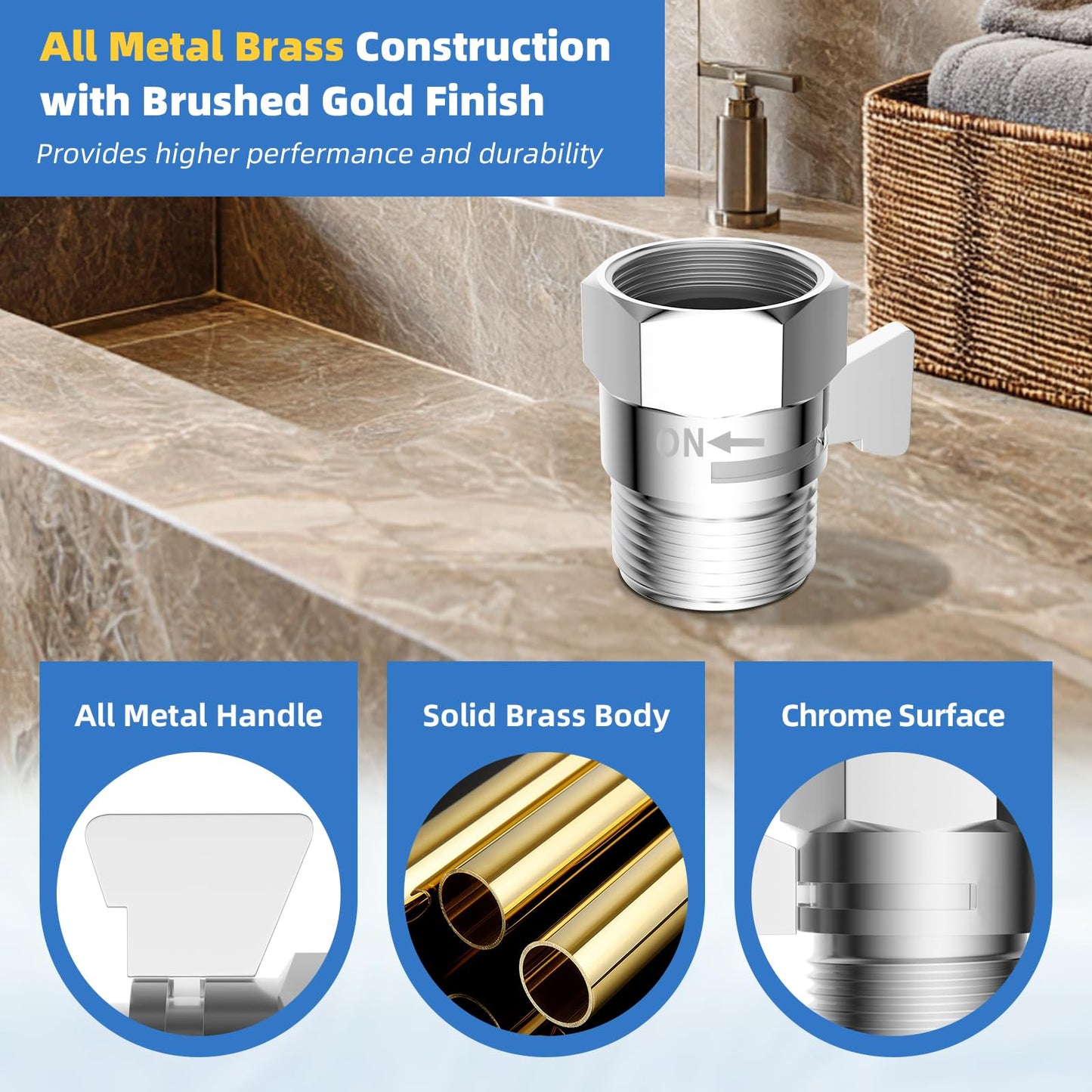 Hibbent All Metal 1 Pack Shower Head Flow Control Valve, G1/2 Brass Shut-off Valve with Metal Handle Lever, Shut OFF Water Flow Control Regulator for Handheld Shower, or Bidet Sprayer, Chrome
