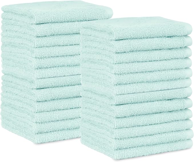Amazon Basics Highly Absorbent 100% Cotton Washcloths for Bathroom, Fast Drying, Machine Washable, 12 x 12 inches, Ice Blue, 24-Pack