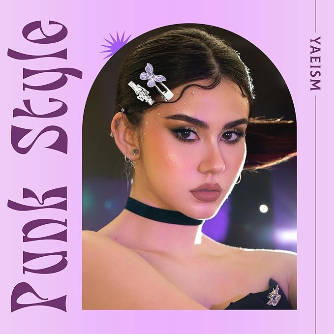 10PCS Y2K Hair Clips Purple Punk Hair Snap Clips Pastel Goth Dangle Spider Skeleton Cross Ghost Snake Halloween Hair Accessories for Women Girls
