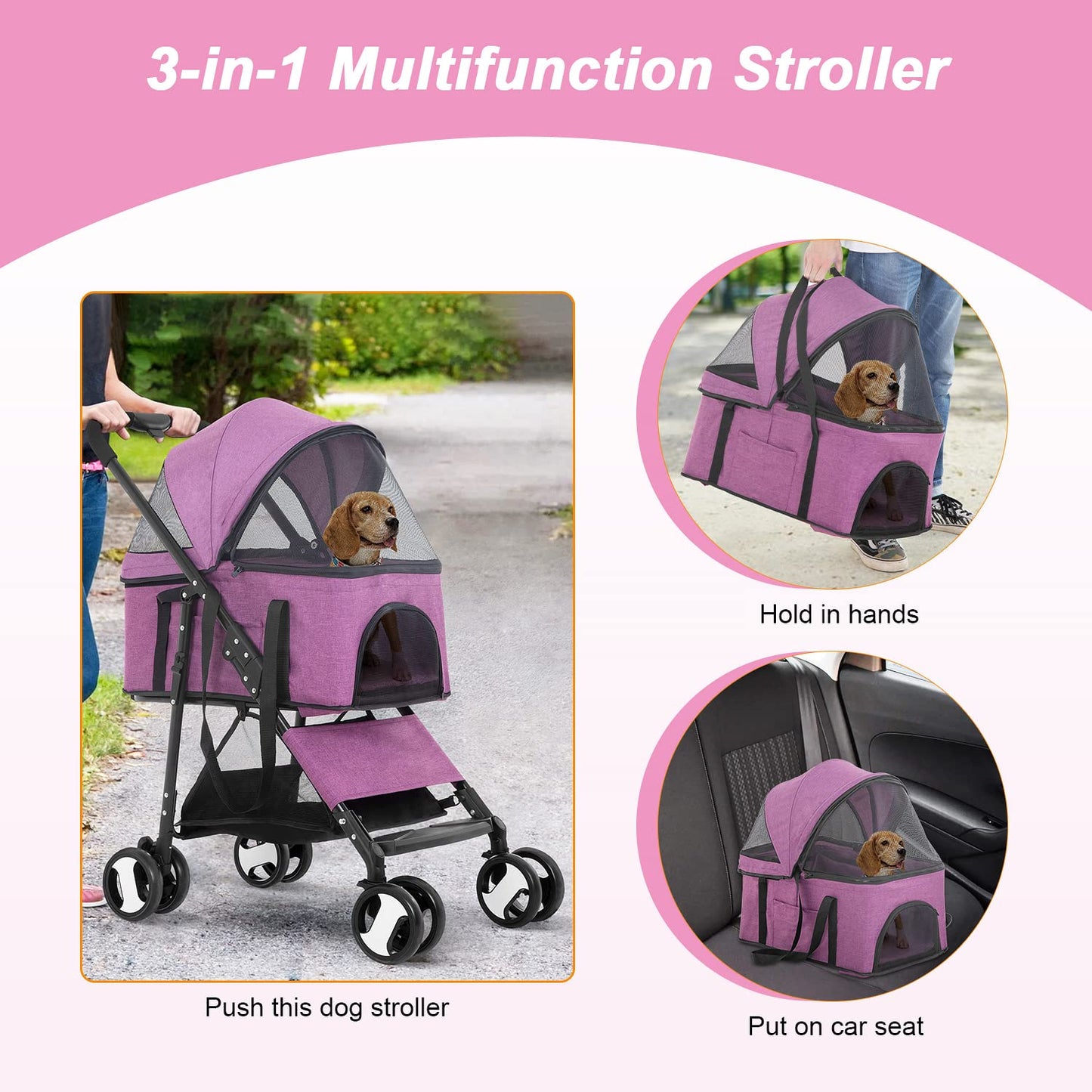 BestPet Pet Stroller Premium 3-in-1 Multifunction Dog Cat Jogger Stroller for Medium Small Dogs Cats with Folding Lightweight Travel & Detachable Carrier,Purple