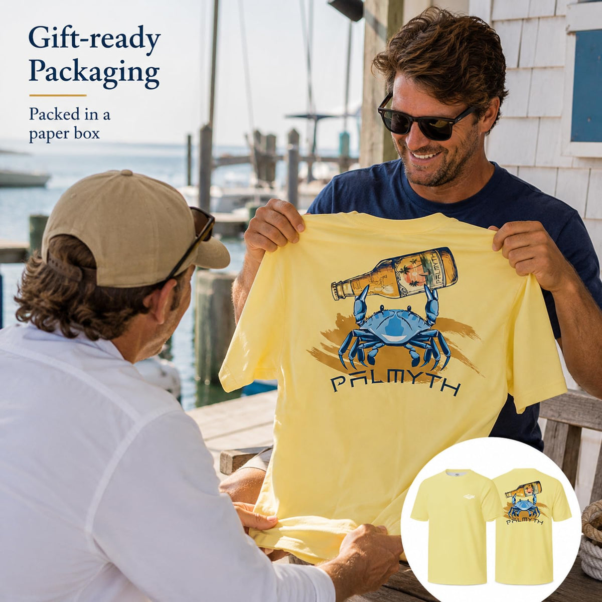 Palmyth Men's Fishing Shirt Short Sleeve Sun Protection UV UPF 50+ SPF T-Shirt (Yellow/Crab, XL)