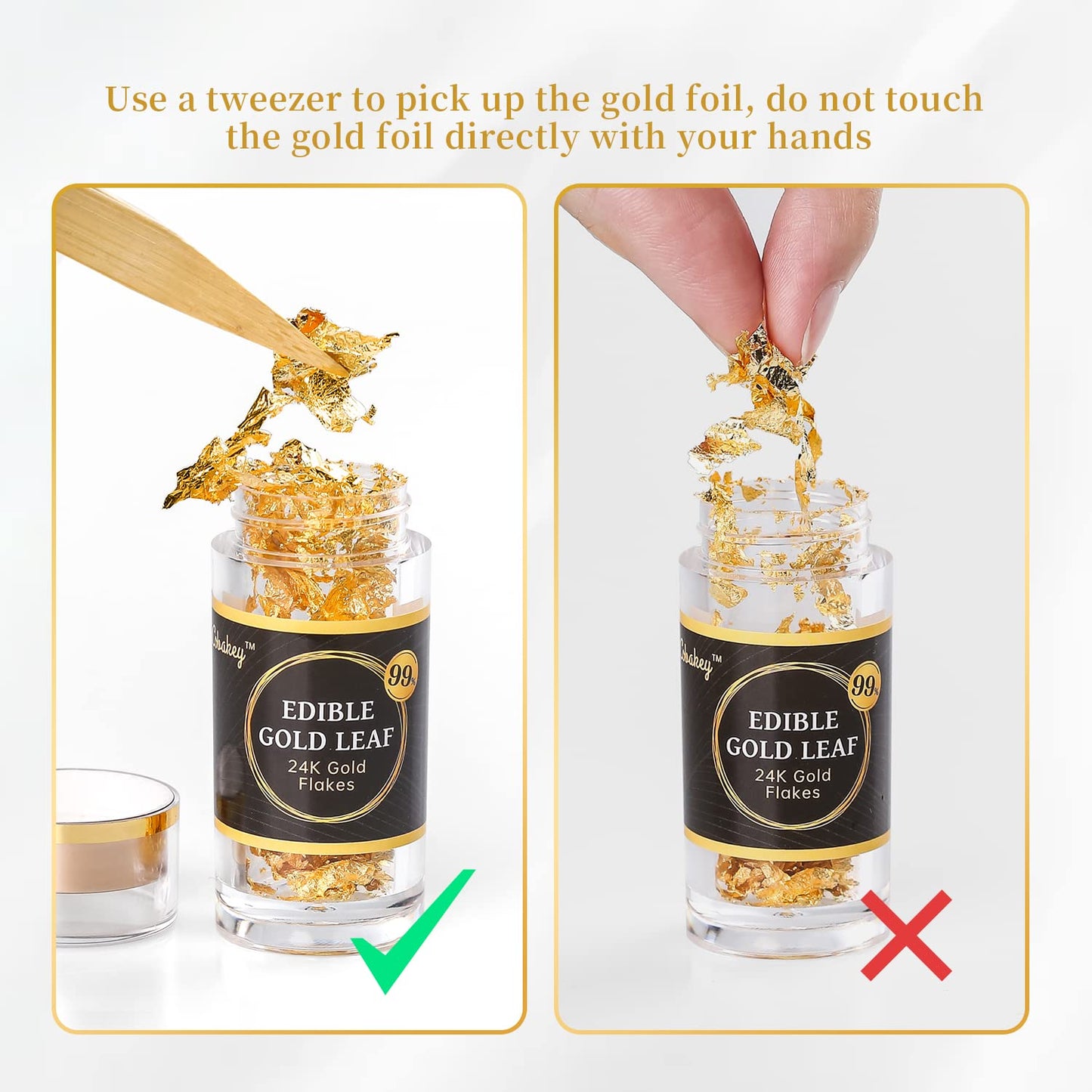 Cobakey Genuine Edible Gold Leaf Flakes - 50mg Edible Gold Flakes for Cake Decoration (Cupcake, Chocolate, Steak, Drink & Cooking), PureGold Leaf with Edible Glitter & Wooden Tweezers