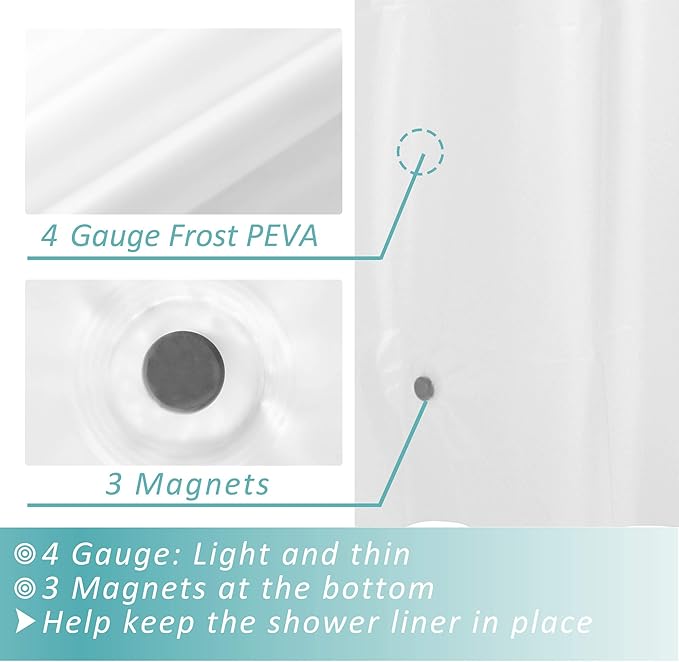 Mrs Awesome Shower Curtain Liner with Magnets, 72x72 Frosted PEVA Plastic Shower Curtain for Bathroom, Lightweight & Waterproof, 72 x 72, Frost