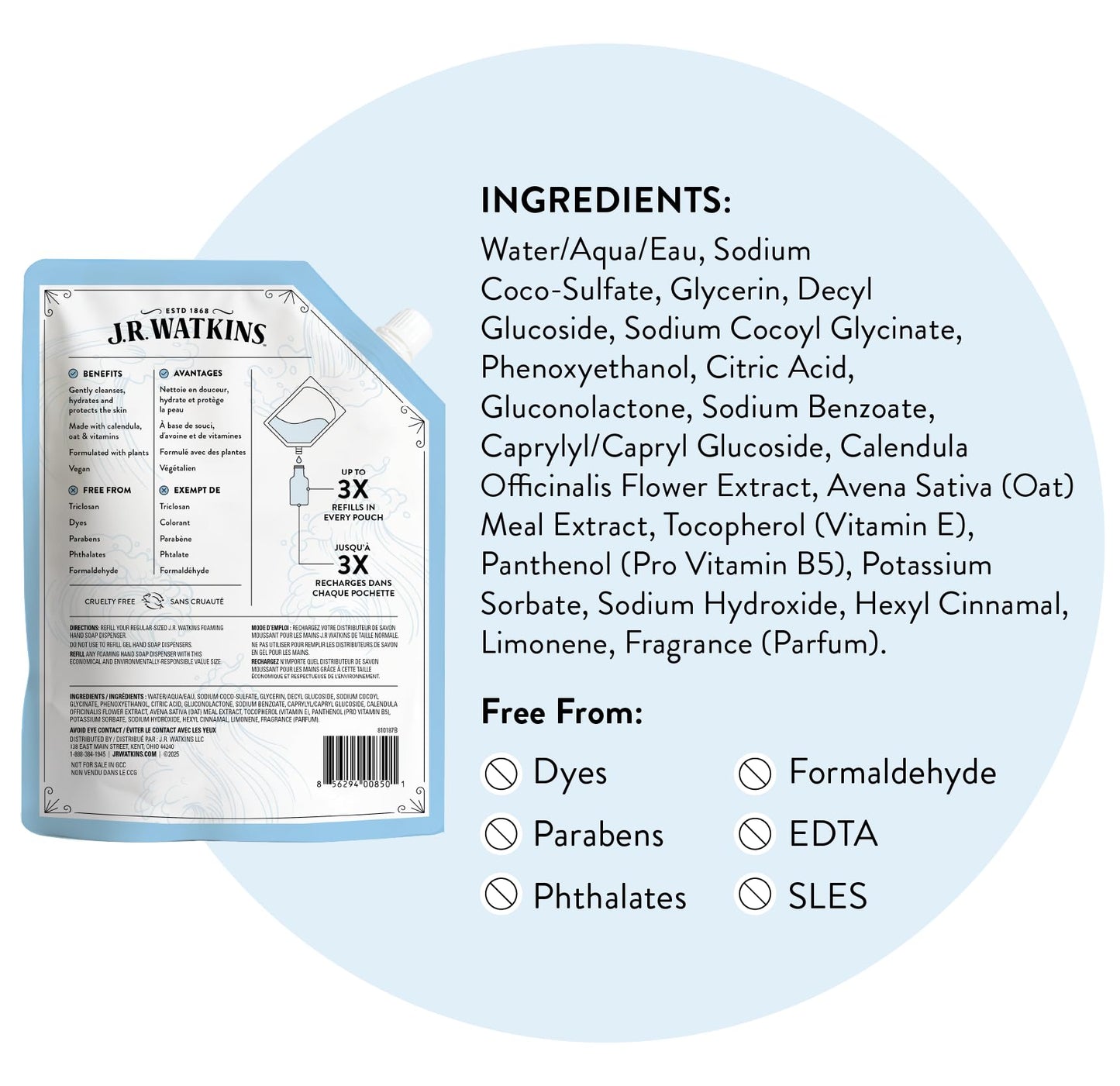 J.R. Watkins Foaming Hand Soap Refill, Moisturizing Foam Hand Wash, Formulated with Plant-Based Cleansers, Alcohol-Free, Cruelty-Free, Ocean Breeze, 28 fl oz, 2 Pack
