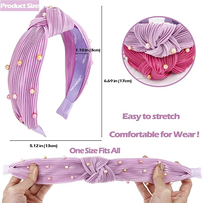 Knotted Headbands for Girls Non Slip Girl Pearl Headband Wide Top Knot Head Bands Mommy and Me Fashion Hairband Womens Turban Hair Accessories(Rose red & Purple,2Pcs)