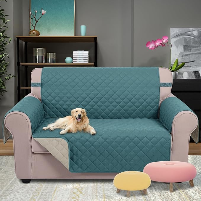 U-NICE HOME Loveseat Sofa Cover Reversible Couch Cover for Dogs with Elastic Straps Water Resistant Furniture Protector for Pets Couch Cover for 2 Cushion Couch (Loveseat, Blue/Beige)