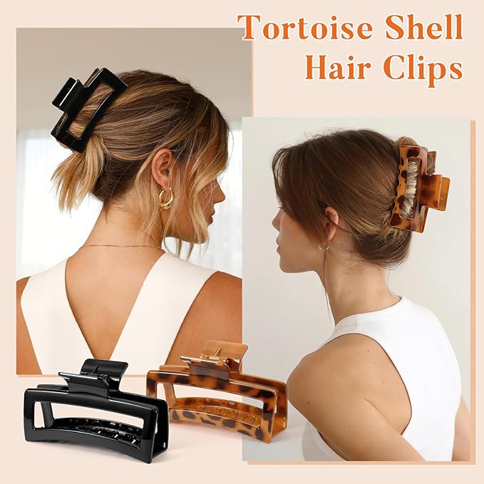Auseibeely 4 Pack 5 Inch Extra Large Claw Clips for Thick Hair, Jumbo Tortoise Shell Claw Clip for Hat, Big Square Hair Clips for Thick/Long/Curly Hair, Non-slip Baseball Jaw Accessories