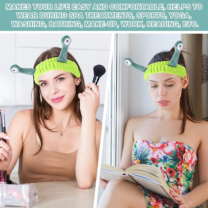Face Wash Headband, Palm and Snail Spa Hair Bands Makeup Headbands Women Cartoon Cute Coral Fleece Elastic Headband Creative Hair Accessories for Washing Face Shower Sports (Dark green/Light green)