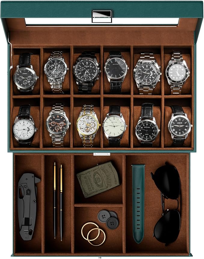 ProCase Watch Box, 12 Slot Mens Watch Case With Drawer, 2-Layer Watch Display Case With Glass Lid, Mens Jewelry Box Storage Holder Organizer, Birthday Valentine Gifts for Men -12Slot, MidnightGreen
