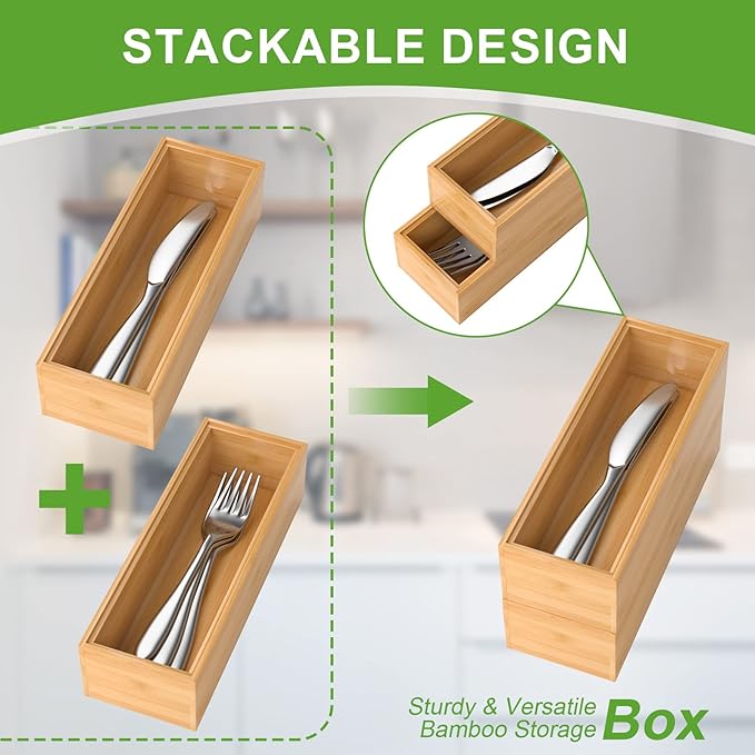 Lixple Bamboo Drawer Organizer Ã¢ÂÂ Set of 2 Stackable Storage Boxes, Silverware Tray & Small Gadget Holder for Kitchen Drawers, 9" x 3" x 2" (Outer), 8.3" x 2.3" x 1.77" (Inner)