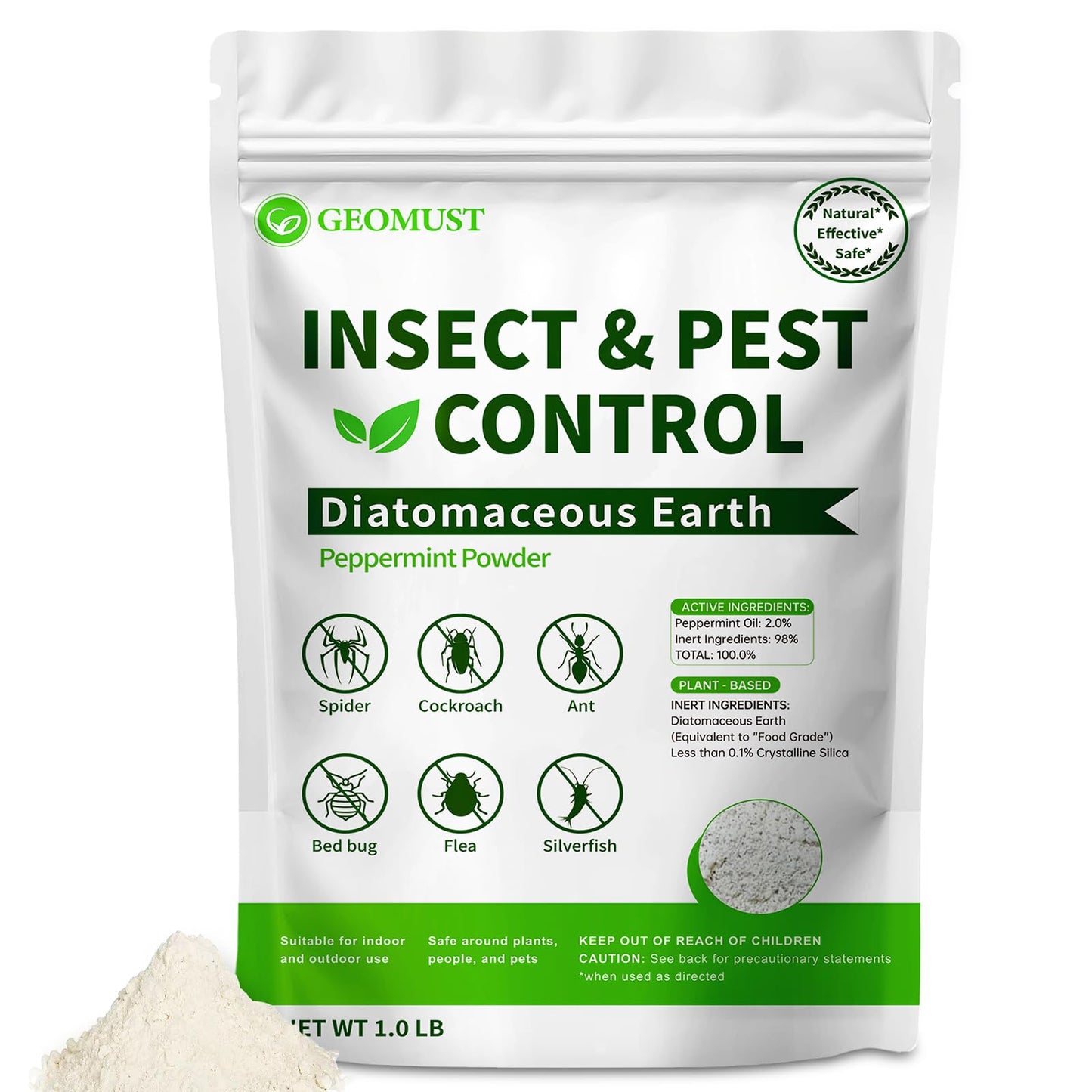 Diatomaceous Earth Food Grade and Peppermint Oil Insect Killer, Natural Crawling Pest Control for Home Garden, Kills Ants, Roaches, Fleas, Bed Bugs Silverfish, Indoor Outdoor Use, 1 lb