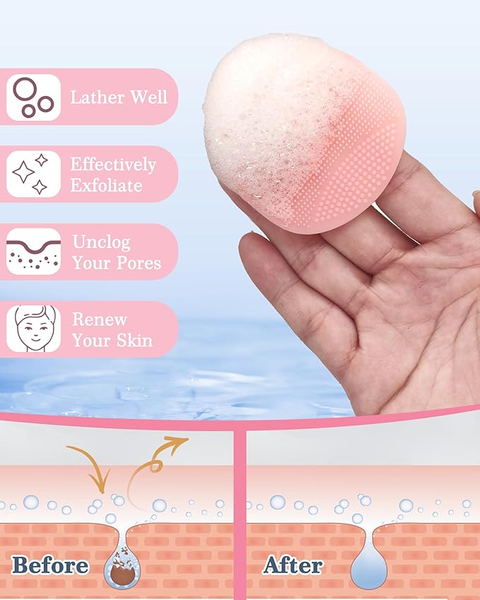 Manmihealth Silicone Back Scrubber (Thin Bristles) & Bath Glove & Face Brush Set(3PCS), Exfoliating Body Scrubber, Shower Brush, Face Scrubber Combination, with a Hook (Random Color Pink or Black)