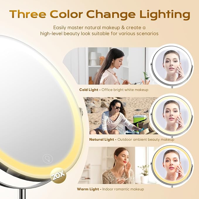 9" Makeup Mirror with Lights, 20X Vanity Mirror with Lights,3 Color Height Adjustable Lighted Makeup Mirror with Magnification, 5000mAh Rechargeable 360° Double Sided LED Mirror for Desk, Women Gift