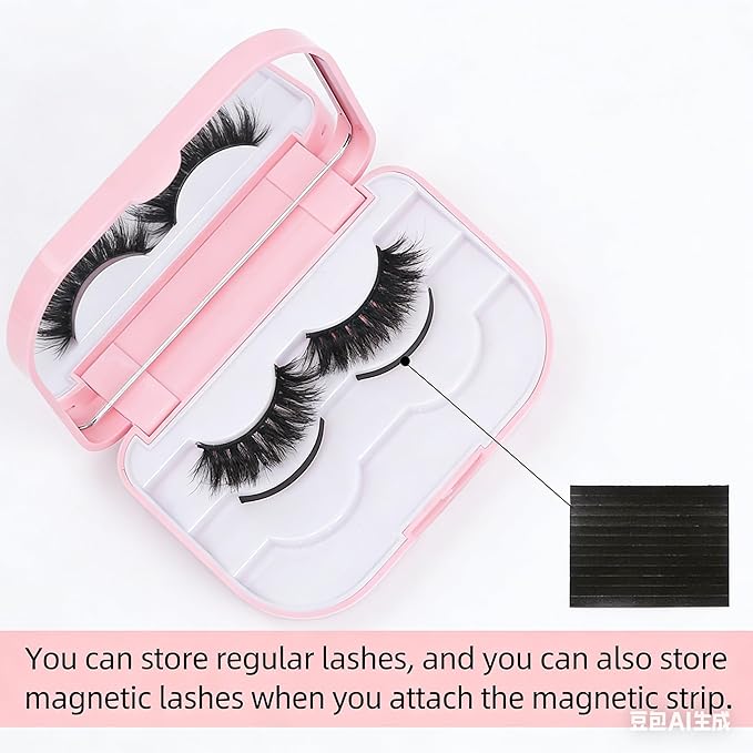 Cosmetic Case Empty Eyelashes Storage Case with Makeup Mirror Holder Box Fake Eyelash Packing Travel Storage Case Eyelashes Bag(Light Pink)