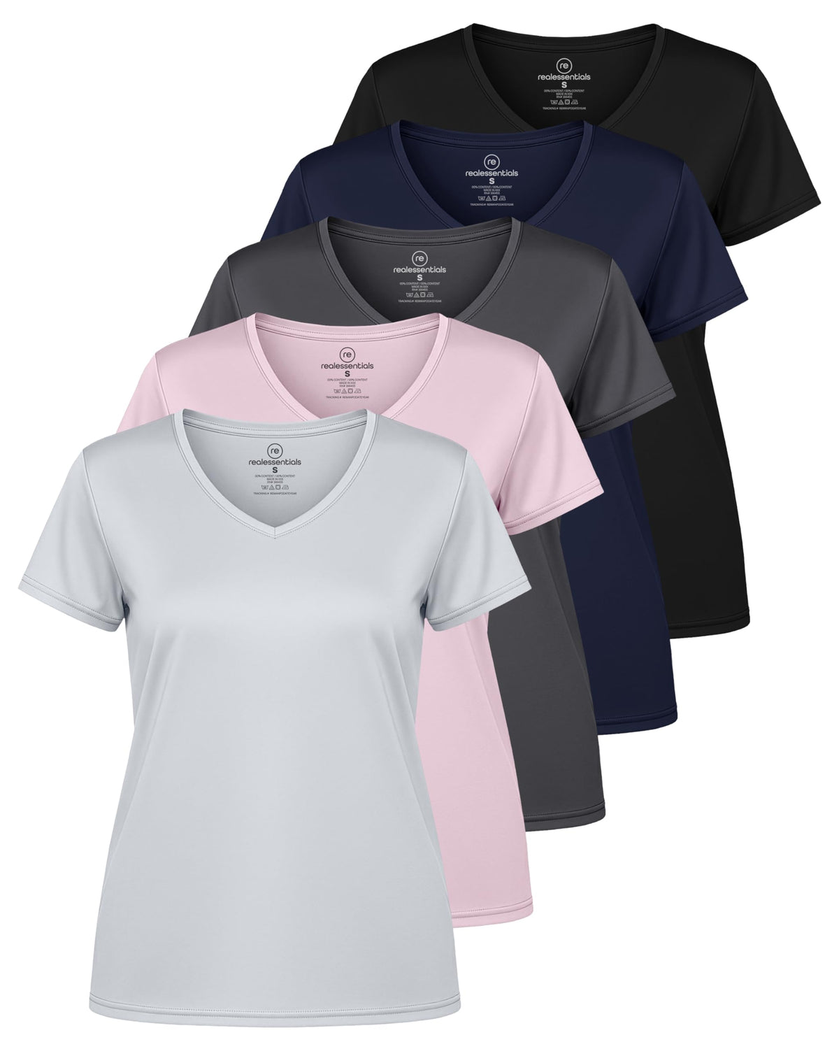 Real Essentials 5 Pack: Women's Dry-Fit Short Sleeve V Neck T Shirt Workout Fitness Yoga Top Tee, Set 15, XS