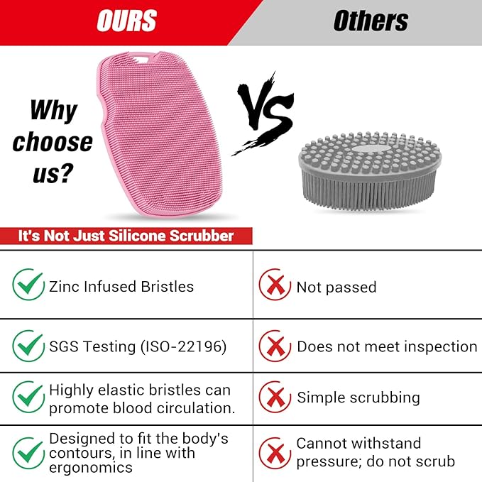 Canroom Silicone Body Scrubber - Anti Zinc Infused-Highly Elastic Bristles Exfoliating Body Scrubber for Shower Body,Cellulite Reduction,Blood Circulation - Pink