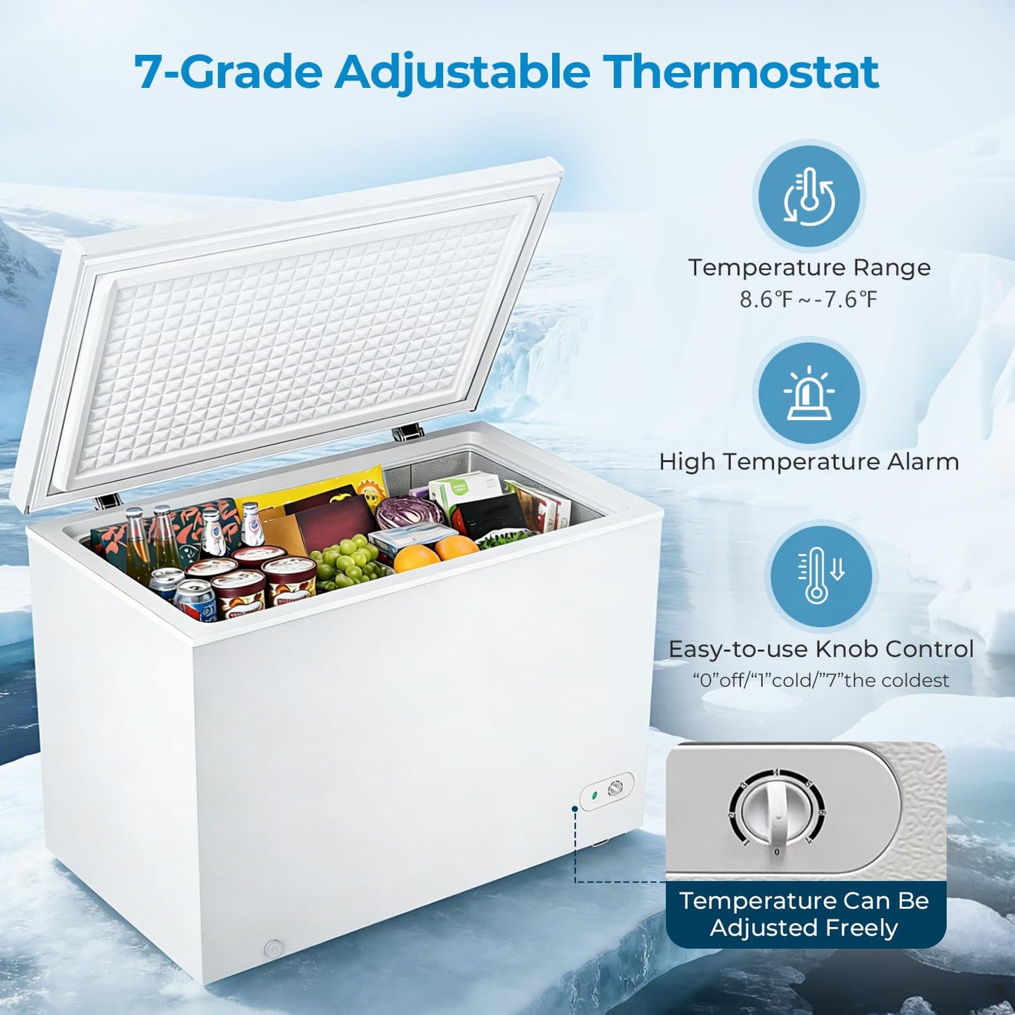Antarctic Star Chest Freezer 5.0 Cubic Feet Compact Freezer with 3 Removable Baskets, Free Standing Top Open Door Deep Freezer, 7-Level Adjustable Temperature, White