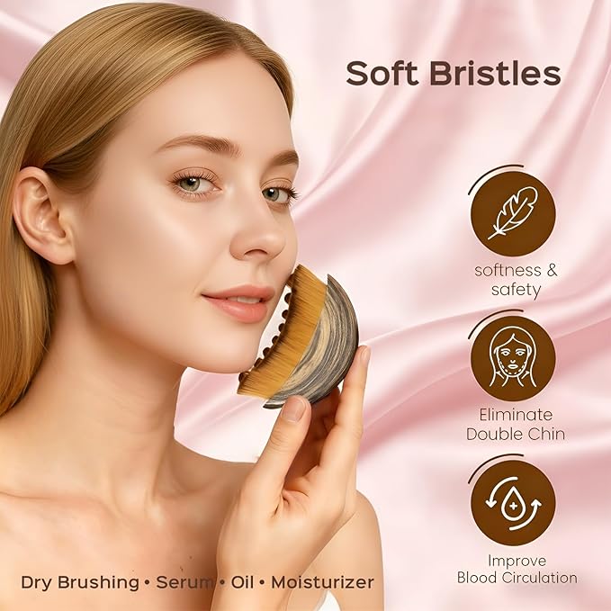2PCS Lymphatic Contour Face Brush, Soft Facial Drainage Massager Tool for Face & Neck Lifting, Jawline Chin Sculpting, De-Puff Dry Brushing, Gua Sha Brush, Curved Ergonomic Design (Brown, 2-Pack)
