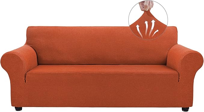 Asnomy Couch Covers for 3 Cushion Couch Stretch Sofa Covers Slipcovers, Pet Protector Furniture Covers for Dogs Cats Spandex Jacquard Fabric Small Checks （Large，Punpkin）