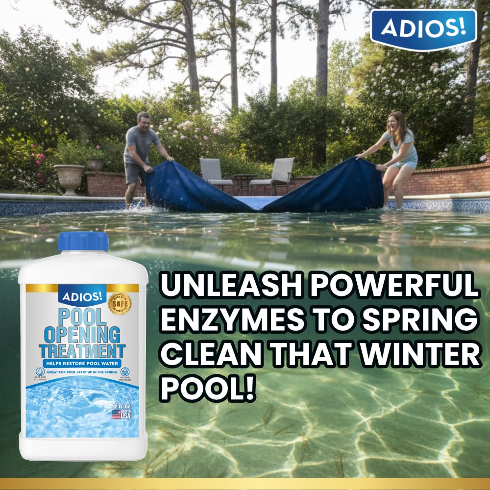 Adios! Pool Opening Treatment - Starter Enzymes for Above Ground Pools and Inground, Treats 40,000 Gallons for Winter Start Up Chemicals - 32oz (Quart)