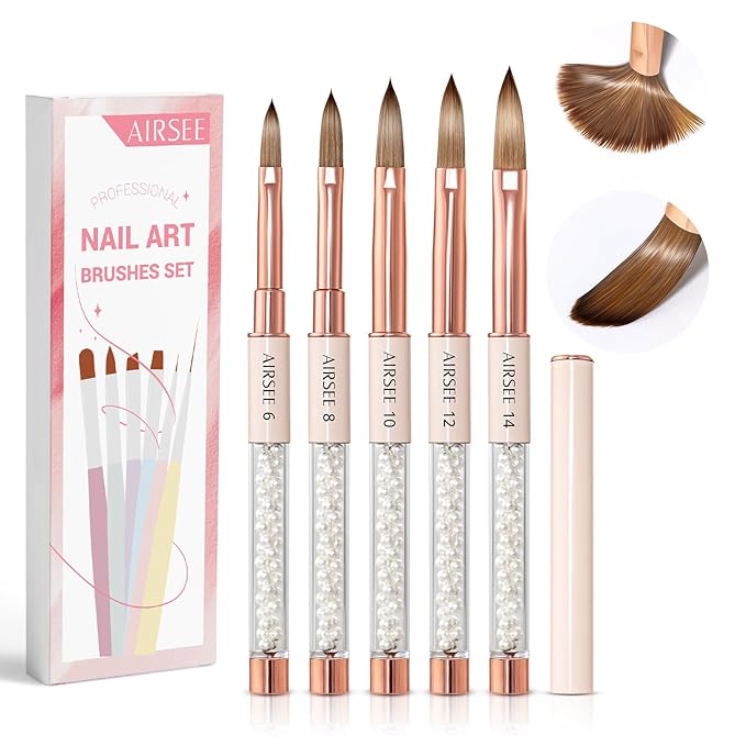 AIRSEE 5PCS Acrylic Nail Brush Set, Size 6/8/10/12/14 for Acrylic Powder Brushes, Nail Extension & 3D Carving Beginner & Professional Use DIY Salon Home, Pearl