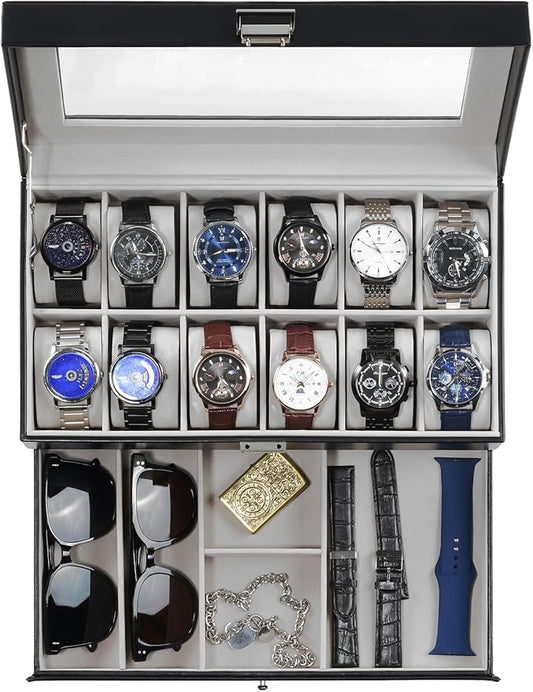 ProCase Watch Box, 12 Slot Mens Watch Case With Drawer, 2-Layer Watch Display Case With Glass Lid, Mens Jewelry Box Storage Holder Organizer, Birthday Valentine Gifts for Men -12Slot, Black