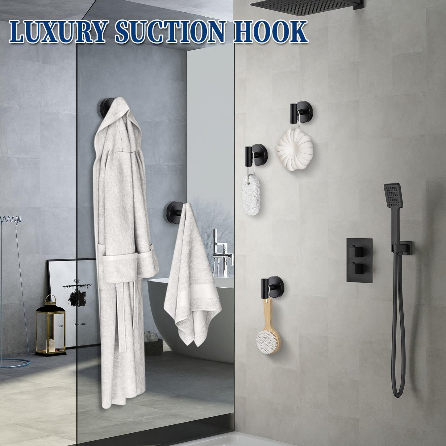warlve Heavy Duty Reusable Suction Cup Hooks for Shower - No Drill Bathroom/Glass/Mirror/Tiles & Metal and Smooth Non-Porous Surfaces for Towels, Robes, Loofahs(4, Matte Black)