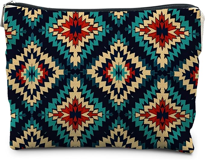 Boho Aztec Makeup Bag, Ethnic Southwestern Navajo Tribal Cosmetic Bag for Women, Western Gifts and Accessories