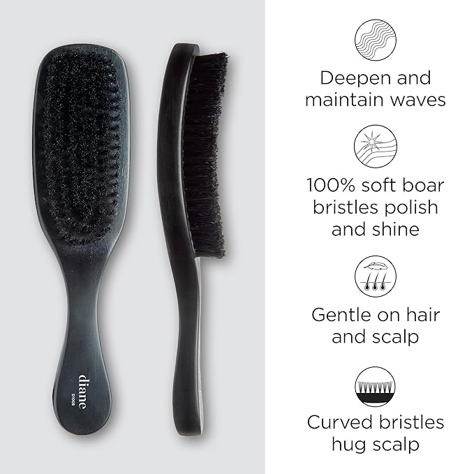 Diane Boar Curved Wave Brush for Men and Women - Black, Soft Bristles for Fine to Medium Hair - Use for Detangling, Smoothing, Wave Styles, Soft on Scalp, Restore Shine and Texture