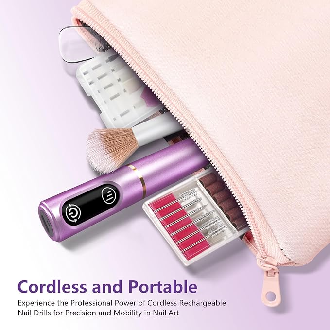 Cordless Nail Drill Electric Nail File Kit, Rechargeable Efile Set, Portable Acrylic Gel Nail Polish Remover Machine, Pedicure Manicure Tool, 11 Bits, 56 Sanding Bands, Salon Home, Purple