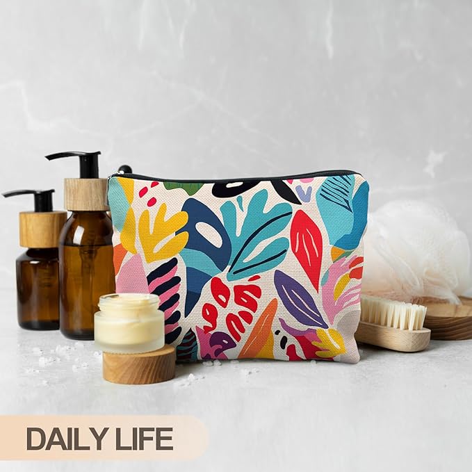 Abstract Colorful Floral Makeup Bag, Trendy Maximalist Funky Tropical Flower Cosmetic Bags for Women, Eclectic Botanical Zipper Makeup Pouch