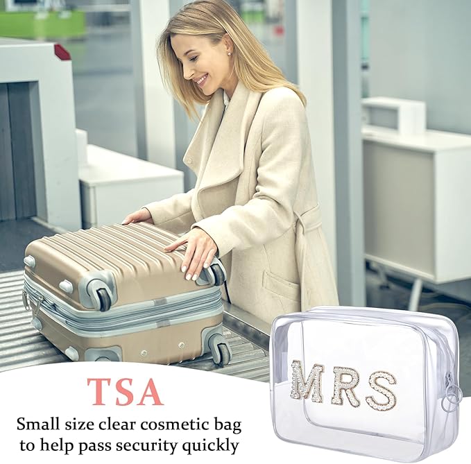 Etercycle MRS Clear Cosmetic Bag, Bachelorette Gifts for Bride Makeup Bag, Portable PVC Travel Toiletry Bag Bling Pearl Rhinestone Patch Letter Bags for Engagement Party Women Wedding Bridal (Gold)
