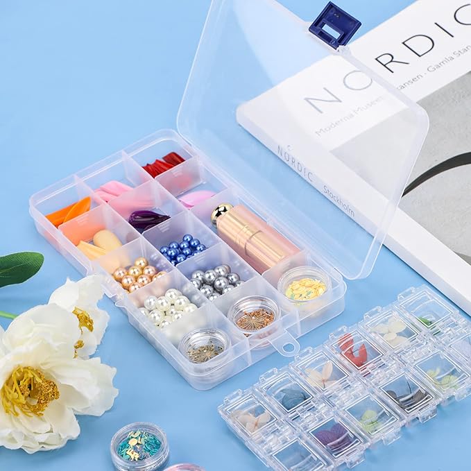 Bead Organizer Box, 2PCS 15 Compartment Craft Storage Container with Removable Divider, Plastic Empty Case for Jewelry Rhinestone Charms Crystal Press On Fake Nail, Hair Stuff Small Accessory