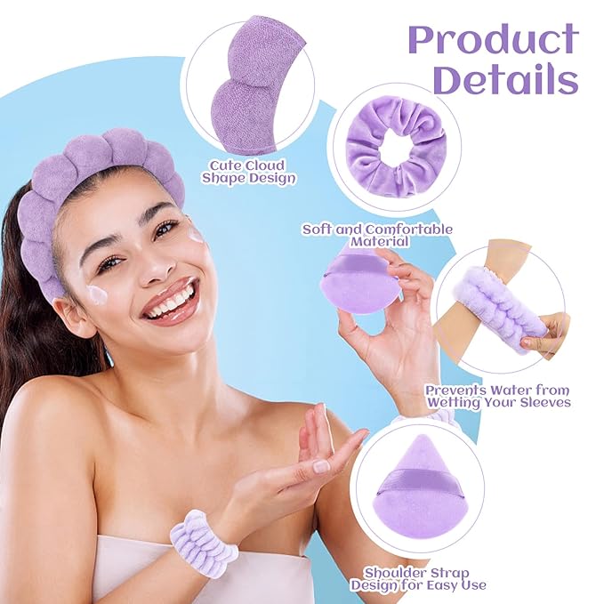 7Pc Puffy Spa Headband and Wristband Set for Washing Face, Skincare With Scrunchies, Powder Puffs, Sponge, Makeup Removal - Terry Cloth for Mask - Purple