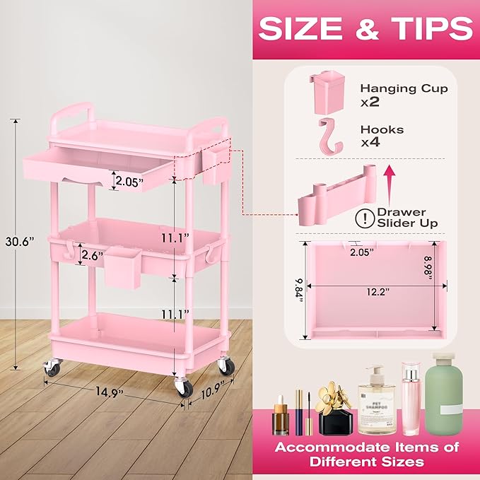Goovilla Rolling Makeup Organizer Cart with Removable Drawer, 3 Tier Stable Pink Floor Skincare Storage Cart for Vanity, Cosmetic Display, Nail Polish, Perfume, Hair Stuff, Beauty, Bathroom(Plastic)