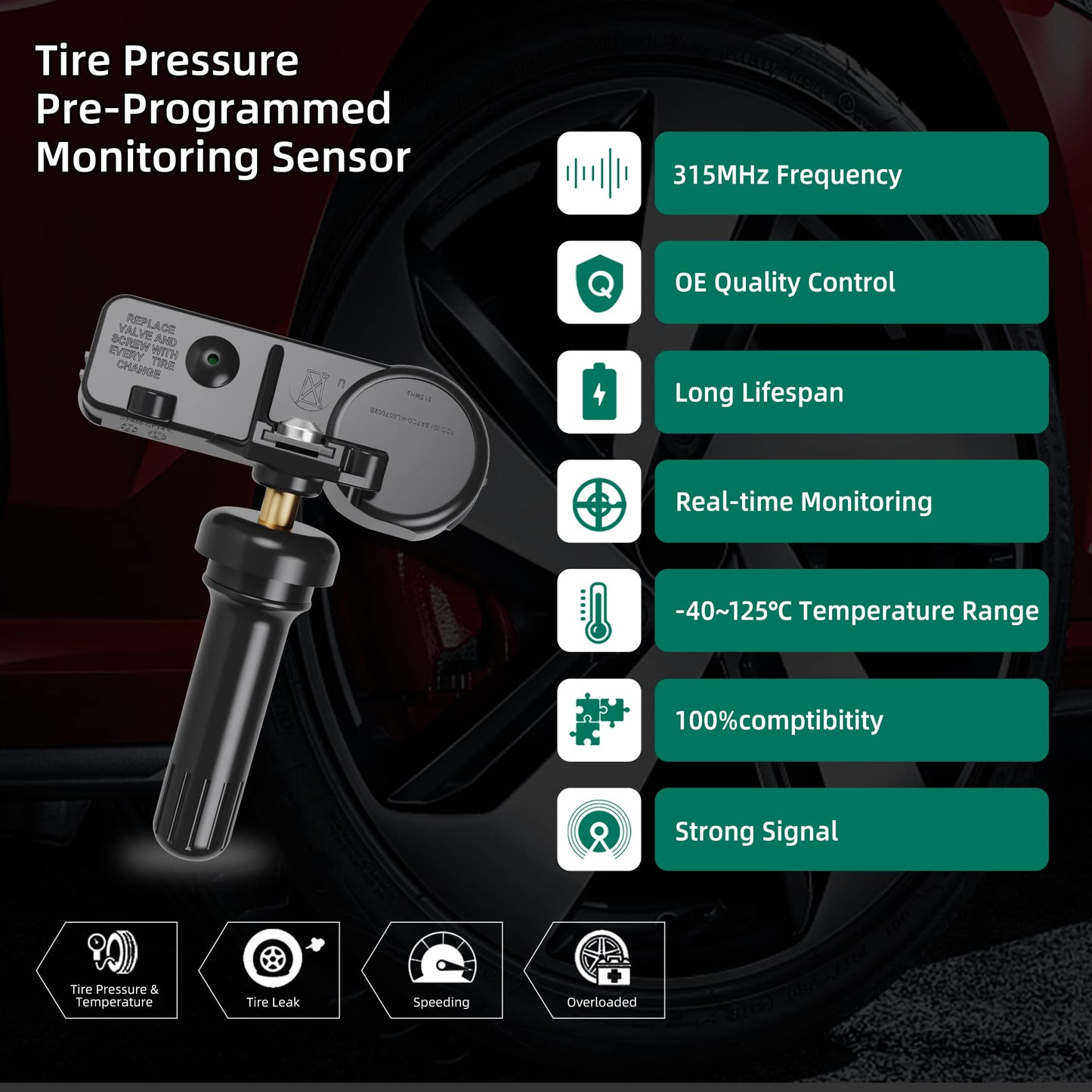 TPMS Sensor,GM 315Mhz Tire Pressure Monitoring Sensor Compatible for Chevy Silverado GMC Cadillac Buick Pontiac Saturn Hummber Saab Replace#13598771 13598772 13586335 13581558 4 Pack