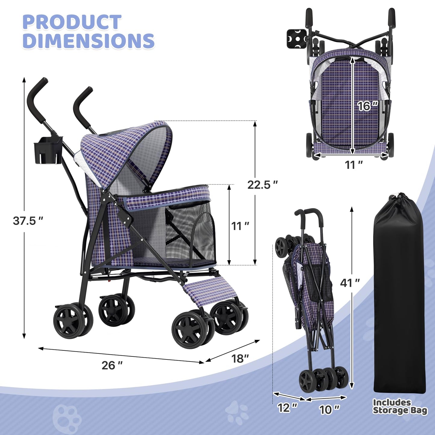 Magshion Compact Pet Stroller for Small-Medium Dogs/Cats up to 22lbs, 4-Wheel Lightweight Umbrella Shaped Portable Puppy Travel Jogger with Breathable Mesh, Cup Holder & Rear Storage, Plaid