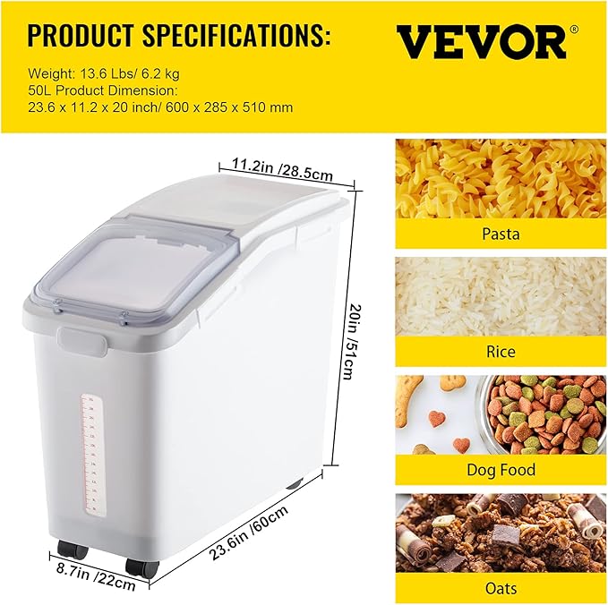VEVOR Ingredient Storage Bin, 11.4 Gallon Capacity Shelf Ingredient Bin, 280 Cup Flour Bins on Wheels Commercial Prosave Shelf-storage Ingredient Bin with Lid and Scoop Rice Bin for Kitchen White
