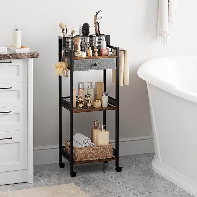 Bathroom Shelves with Drawer, 3 Tier Metal Rolling Standing Unit Storage Organizers with Toilet Paper Holder, Multifunctional Floor Corner Rack for Cosmetic, Dryer Curling Irons 12.8in Wide