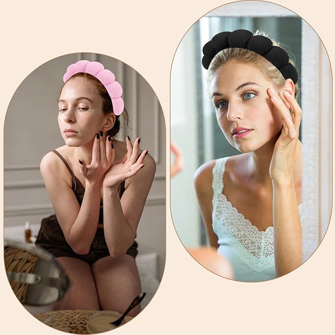 AMCAMI 2 PCS Puffy Spa Headband for Women Sponge Headbands for Girls Terry Towel Cloth Fabric Head Band for Skincare,Makeup Removal,Face Washing,Facial Mask,Shower,Hair Accessories（Black&Light Pink）