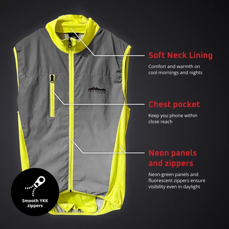 Tailgator Vis-Vest Reflective Safety Vest for Running & Cycling — High-Visibility Hi-Vis Vest for Men & Women, Neon Green Retro-Reflective Glass Beads, Breathable, YKK Zippers – Medium