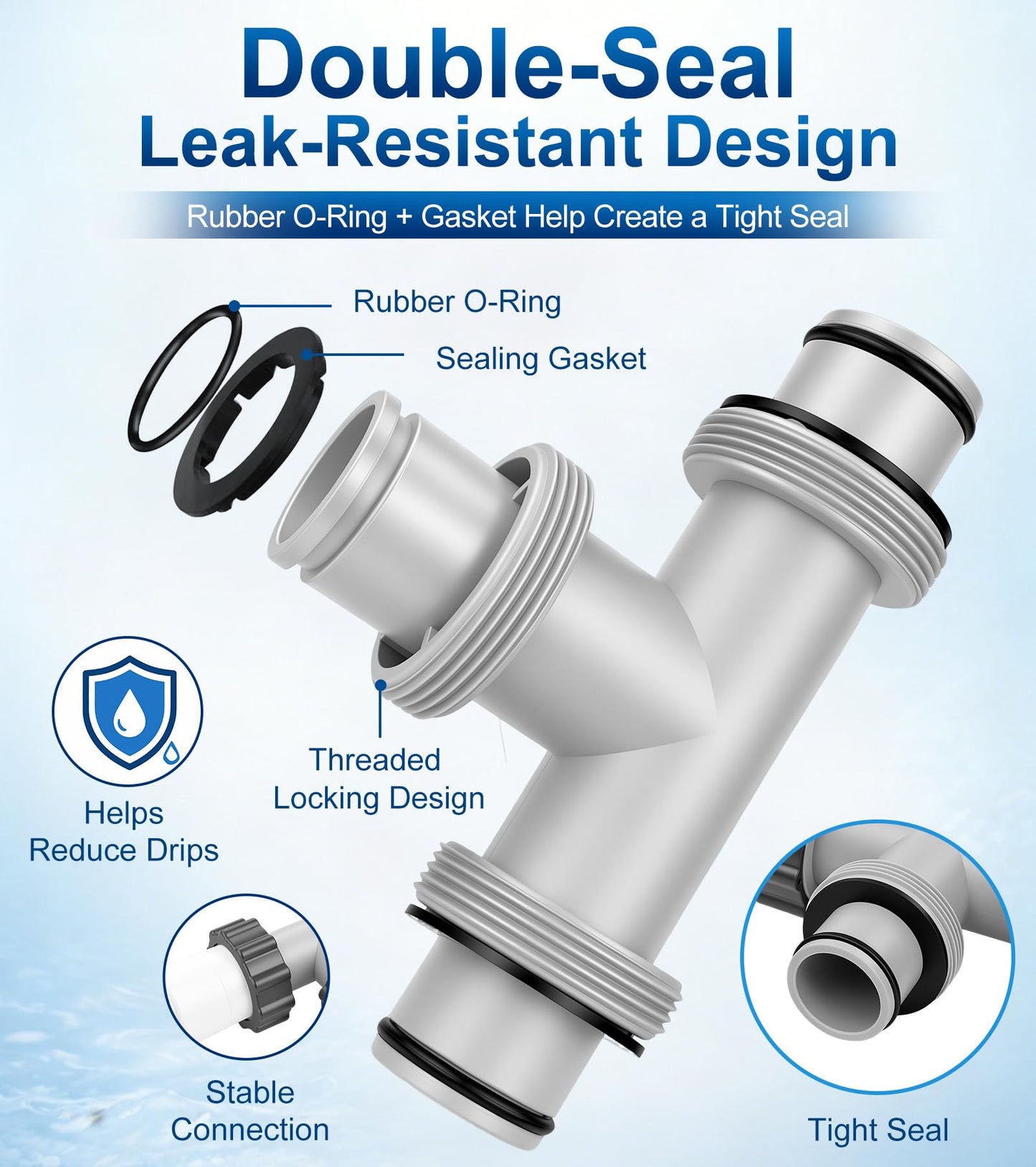 Pool Hose Connector for Leak-Proof Dual Seal and Stable Water Flow, 1.5" to 1.5" T-Joint Pool Hose Adapter for Pool Parts and Accessories Replacement, Easy No-Tool Install for Above Ground Pools