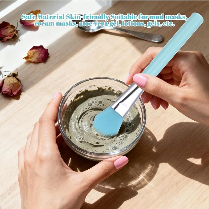 7 Pcs Silicone Brush Applicator Kit, Flexible Soft UV Epoxy Art Crafting, Facial Skincare Tools, includes Facial Mask Spatula, for Cream Makeup Face Mud Clay Mask Moisturizers (Blue)