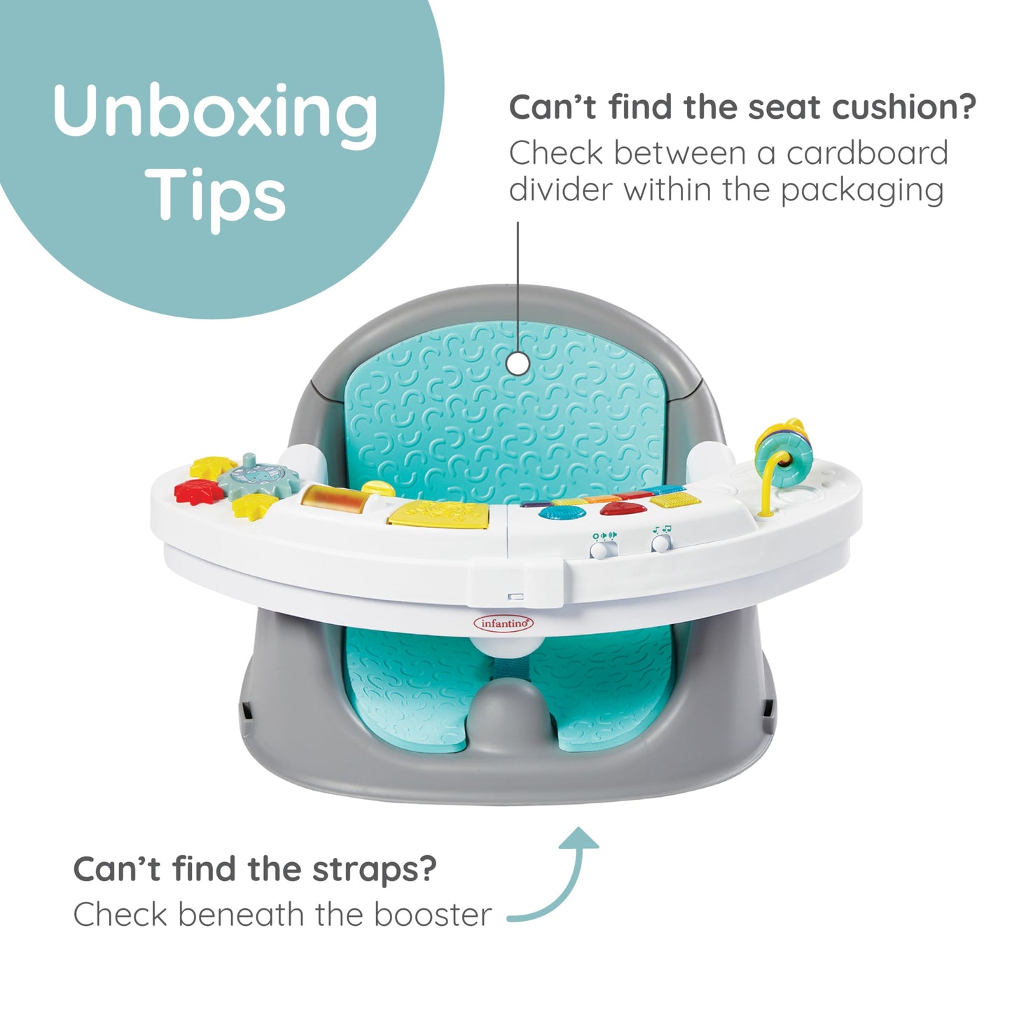 Infantino Music & Lights 3-in-1 Discovery Seat & Booster, Interactive Toddler Seat for Dining Table or Kitchen Chair, Baby Activity Center & Snack Tray, 20 Sounds & Songs, Lightweight Baby Essentials