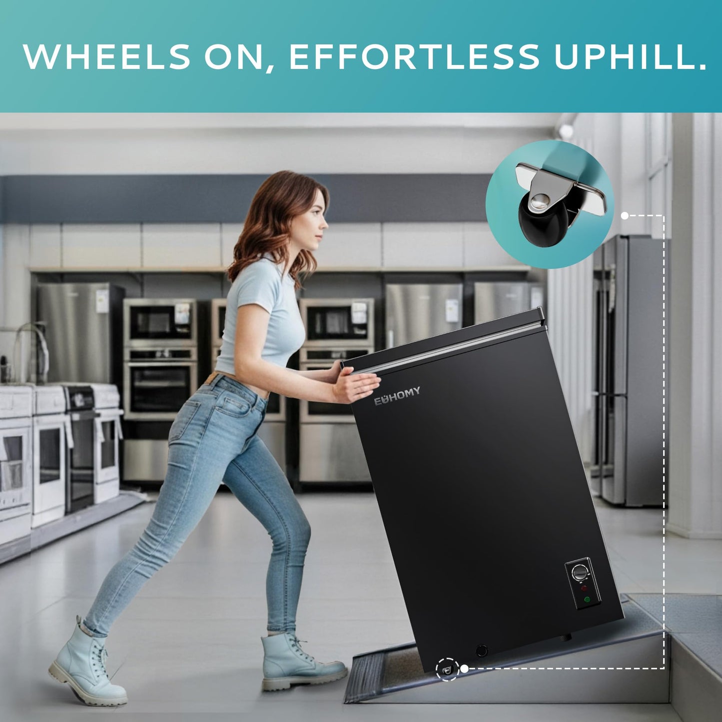 EUHOMY 3.5 Cu.Ft Chest Freezer with Wheels, Small Deep Freezer Adjustable 7 Thermostat, Quiet Mini Freezer Free-Standing Top Door, Energy Saving for Apartment/Garage/Basement/Dorm/Home, New Black