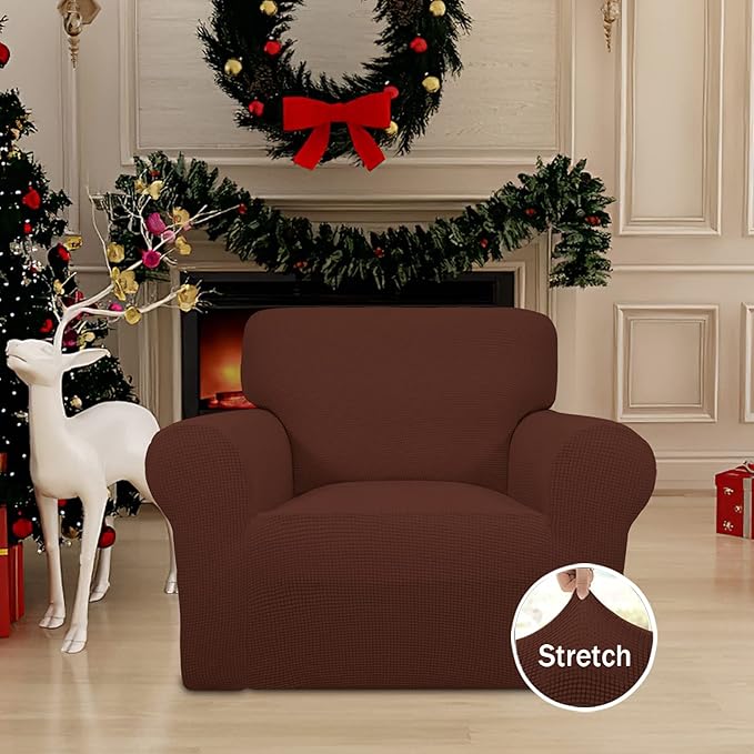 Easy-Going Stretch Chair Sofa Slipcover 1-Piece Couch Sofa Cover Furniture Protector Soft with Elastic Bottom for Kids, Pet. Spandex Jacquard Fabric Small Checks (Chair, Coffee)