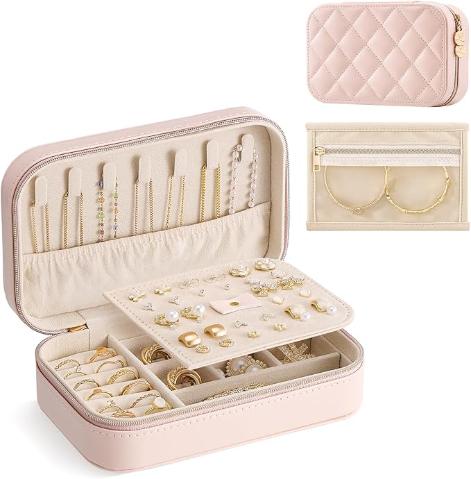 Lolalet Travel Jewelry Case for Women Girls, Travel Jewelry Organizer with Clear Storage Bag Small Portable Jewelry Box for Necklace Bracelet Earring Ring Birthday Bridesmaid Gifts -Medium/Pink