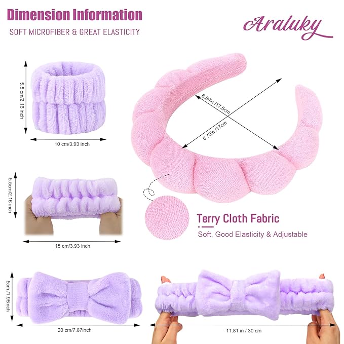 6 Pcs Spa Headband Set - Terry Cloth Headbands with Sponge Wristbands for Skincare, Makeup Removal, and Shower