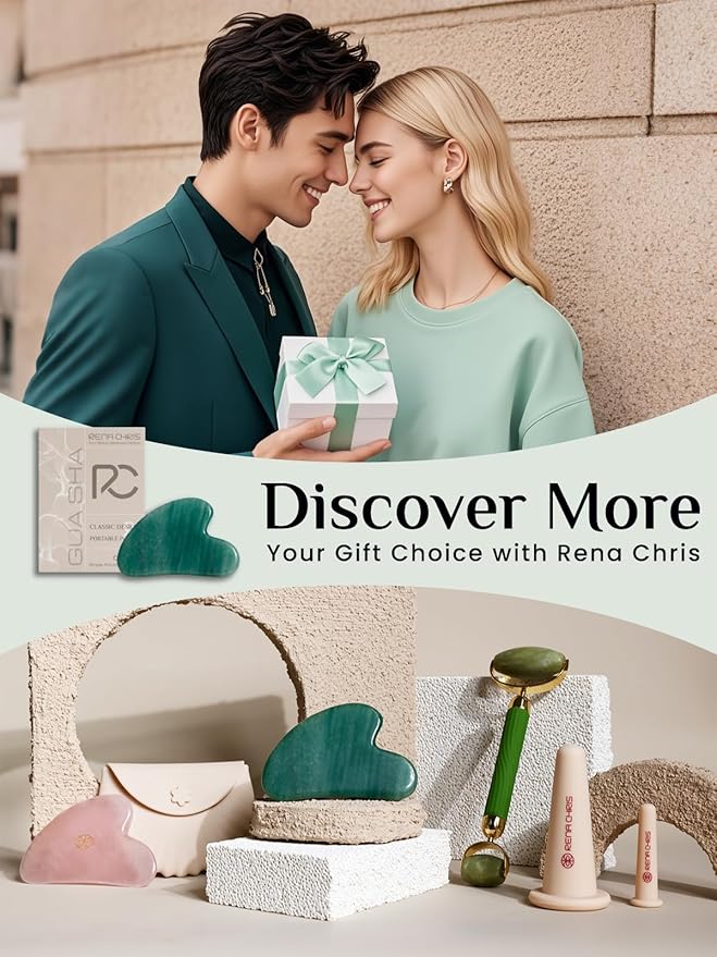 Rena Chris Gua Sha Facial Tools: Jade Stone Guasha Tool for Face Acupuncture Therapy, Facial Massager for Jawline Sculpting and Puffiness Reducing (Green)
