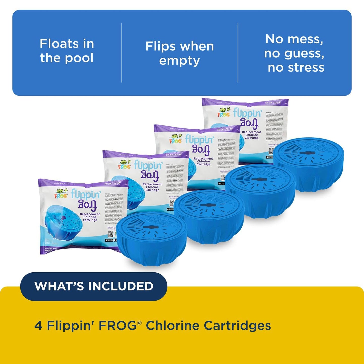 FROG Replacement Chlorine Cartridges for use with Flippin’ FROG Floating Sanitizer System - Prefilled Cartridges Support Easy Pool Maintenance and Cleaner & Clearer Water - 4 Pack